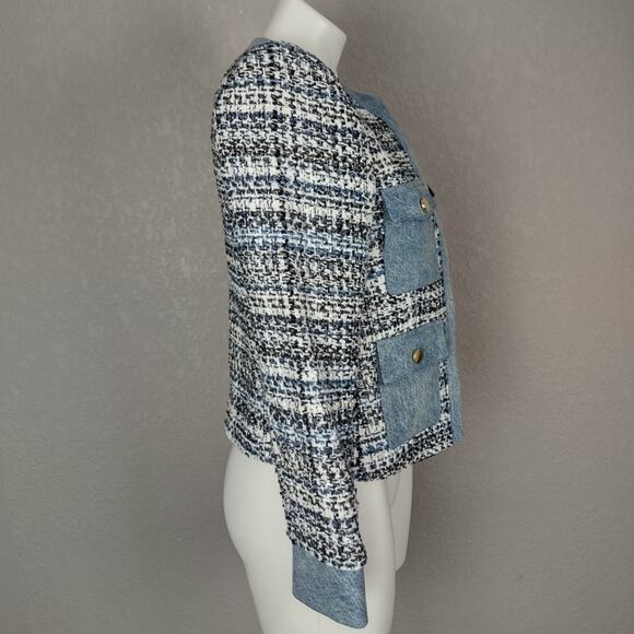 Alice + Olivia Avis Blue Tweed Denim Jean Combo Patch jacket Size Medium - Picture 4 of 16